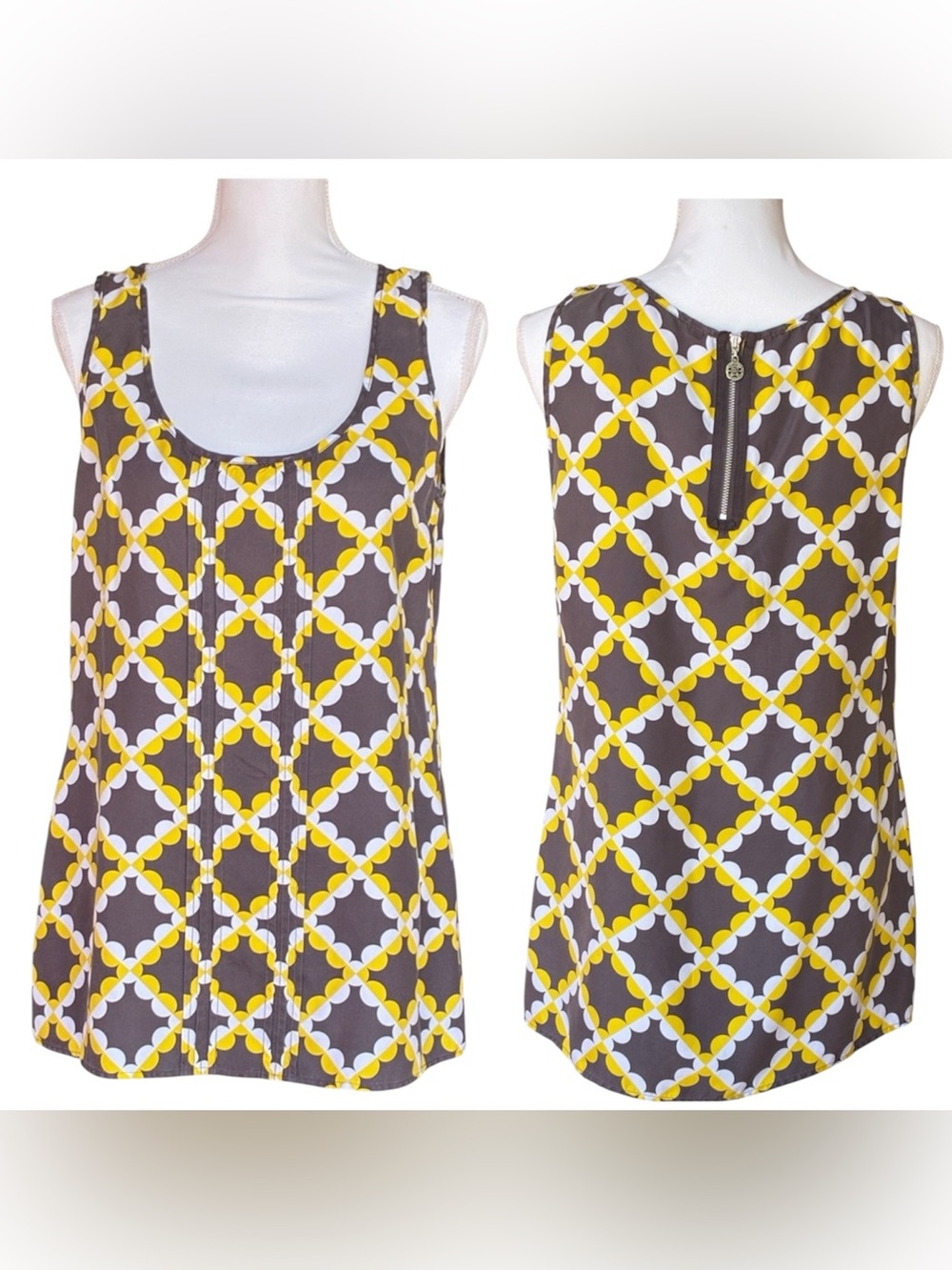 Tory Burch 100% Silk Geometric Sleeveless Tank Blouse Retro Gray Yellow Size 10